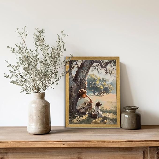Wood Framed Canvas Wall Art, Vintage Boy and Dog Painting Poster, Countryside