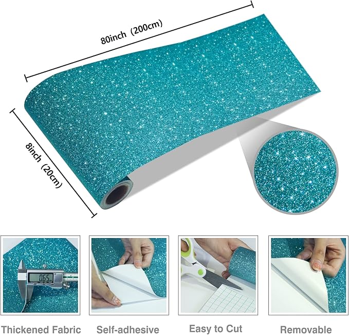 CRE8TIVE Teal Blue Glitter Wallpaper Border Peel and Stick Wall Border Sparkle