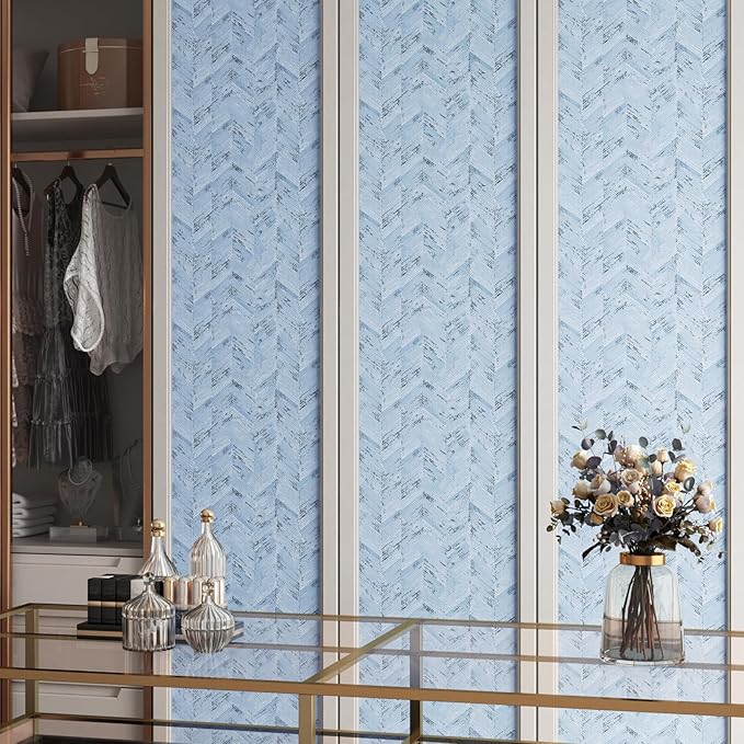 Livelynine Blue Fabric Wallpaper Peel and Stick Prepasted Herringbone Faux