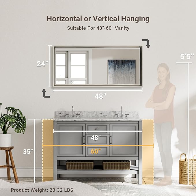 48 x 24 Brushed Nickel Bathroom Mirror, Beveled Framed Rectangle, Shatterproof