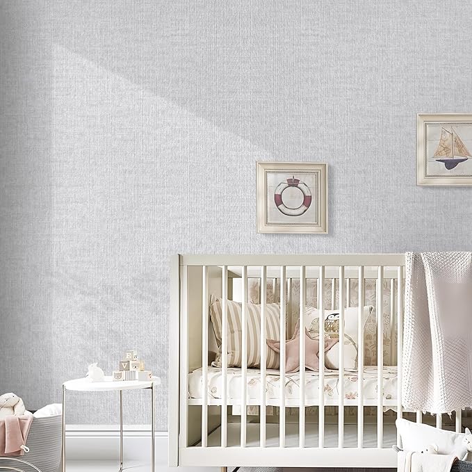 Grasscloth Peel and Stick Wallpaper, Light Grey Vintage Textured Faux Linen