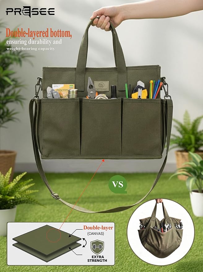 Heavy Duty Canvas Gardening Tote Bag with Pockets, Large Capacity Tool Organizer for Garden Tools, Portable Utility Bucket Carrier for Women Men, Outdoor Planter Caddy for Florist Supplies