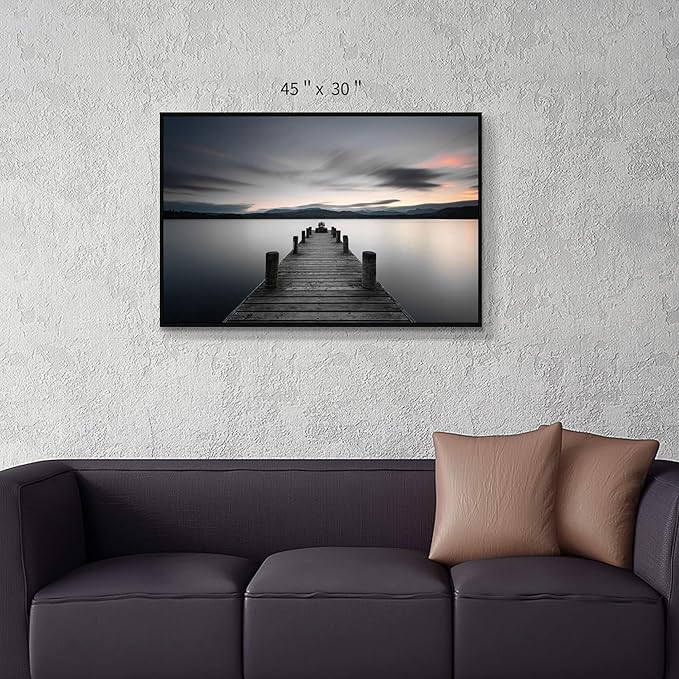 Canvas Wall Art Lake Pier: Vintage Wooden Dock in Calming Dawn Picture Painting Print with Deep Black Sturdy Framed for Living Room (45'' x 30'' x 1 Panel)
