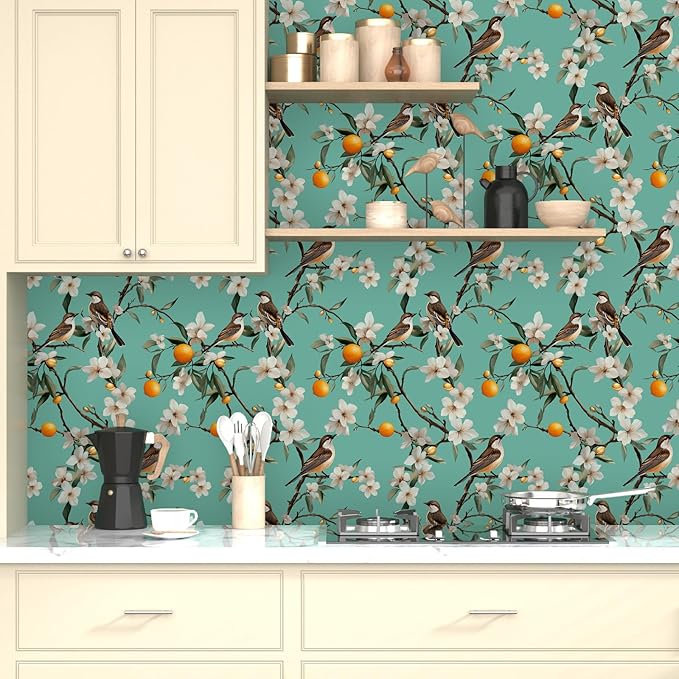 Teal White Bird Floral Wallpaper Peel and Stick, Fresh Orange Tree Contact Paper