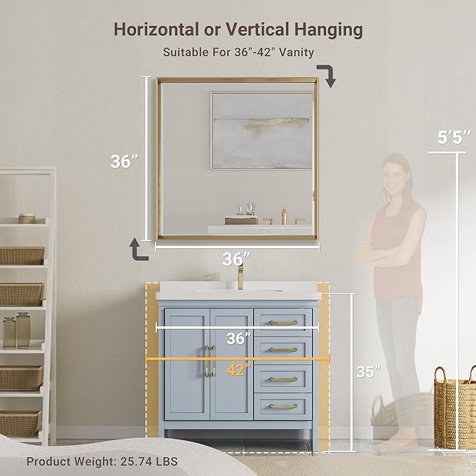 Gold Bathroom Mirror 36x36 Inch Square Beveled Bathroom Vanity Mirror Brushed