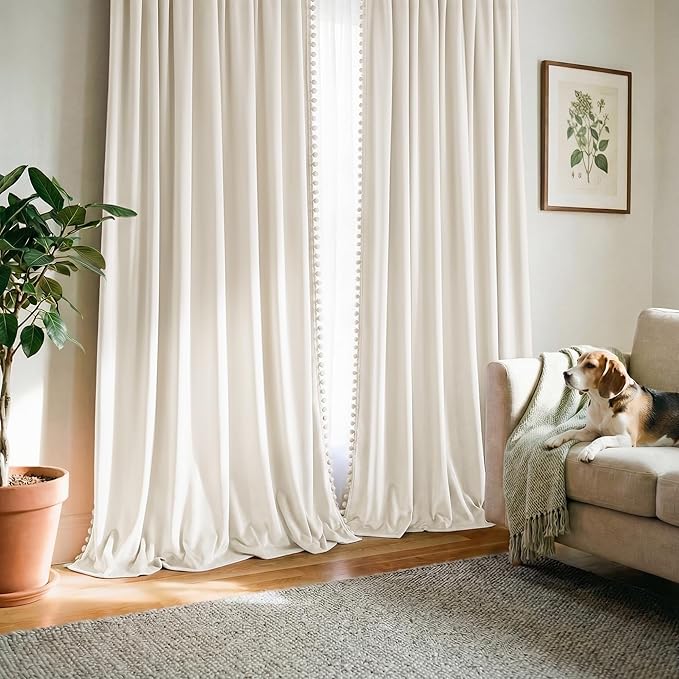 NICETOWN Cute Pom-Pom Trim Velvet Curtains 8 ft Long, Ivory White – Delicate