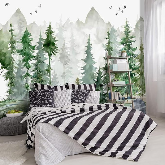 -Green Cartoon Pine Forest Nursery Fabric Wallpaper