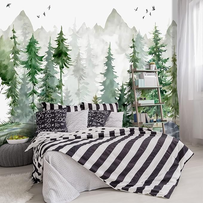 -Green Cartoon Pine Forest Nursery Fabric Wallpaper