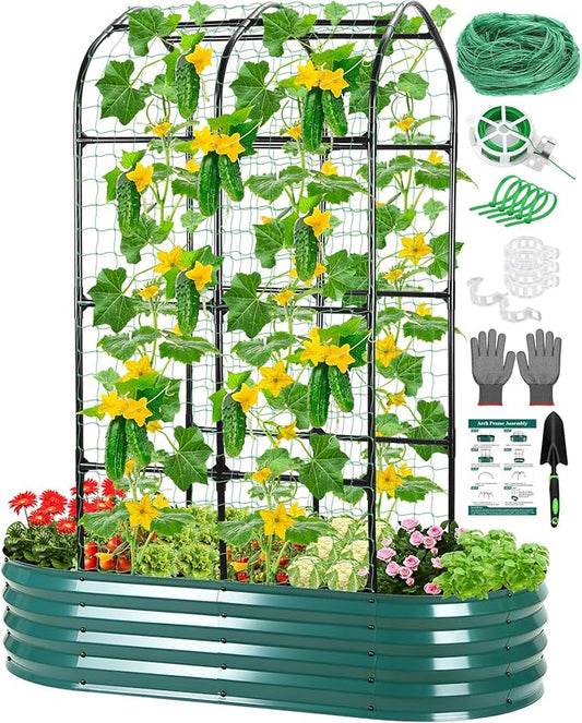 Raised Garden Bed with Arched Trellis, Galvanized Raised Garden Bed with Netting Plant Ties Gloves Trowel, Metal Planter Box Outdoor Drainage Design for Gardening Climbing Plant Vegetable Flower Fruit