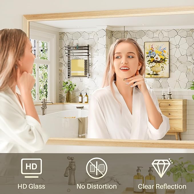48x32 Inch Bathroom Mirror for Wall, Anti-Rust Oak Wood Grain Metal Framed