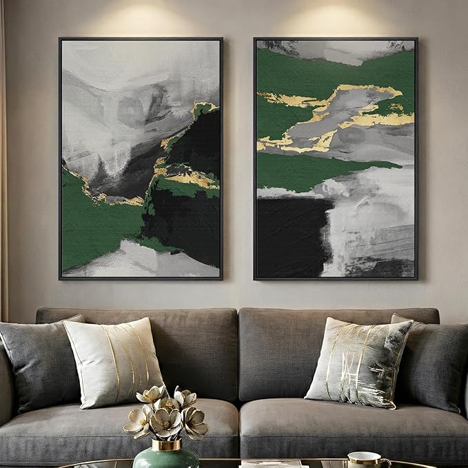 Large Framed Green Abstract Wall Art, 2 Piece Modern Canvas Prints Paintings
