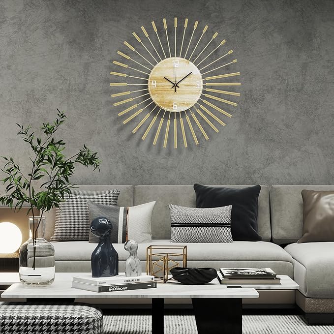 23.6 inch Gold Starburst Wall Clock, Metal & Wood Mid Century Modern Decorative