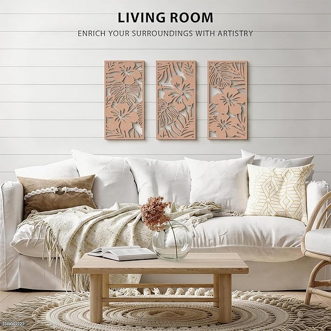VIYYIEA Boho Solid Wood Carved Wall Art Set of 3, Geometric Minimalist Wooden