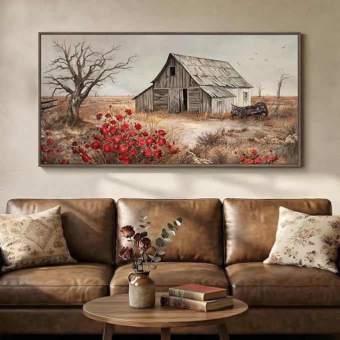 Large Framed Farmhouse Wall Art for Living Room, Vintage Barn Landscape Canvas Prints, Rustic Red Floral Country Wall Decor for Bedroom Dining Room Hallway 30x60 Inch