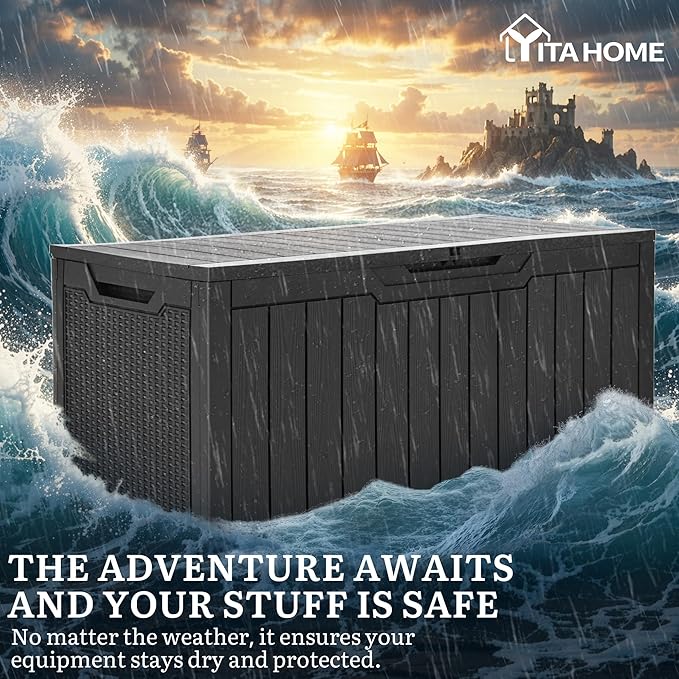 YITAHOME 100 Gallon Large Outdoor Deck Box, Waterproof Resin Storage Box, Lockable Indoor Outdoor Storage Container for Patio Furniture Cushions, Pool Accessories, Garden Tools, Dark Gray