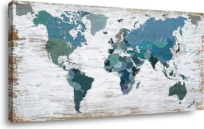 Teal Decor World Map Canvas Wall Art Pictures