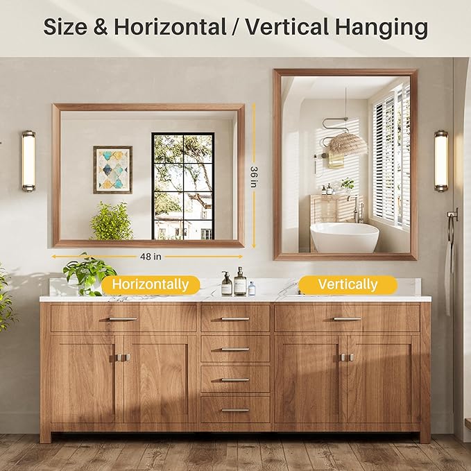 48x36 Inch Bathroom Mirror for Wall, Anti-Rust Walnut Wood Grain Metal Framed
