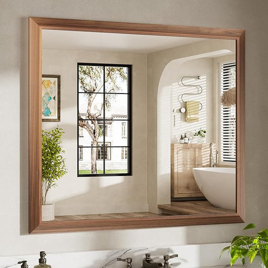 40x36 Inch Bathroom Mirror for Wall, Anti-Rust Walnut Wood Grain Metal Framed