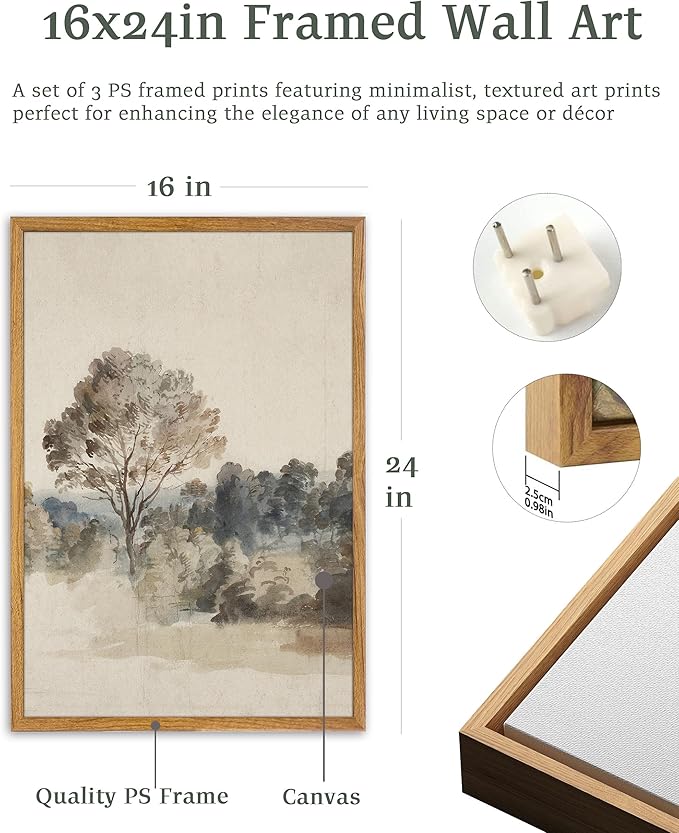 UPWOIGH Large Framed Wall Art, Set of 3 Vintage Muted Landscape Prints, 16x24 in Natural Cotton Posters with Trees, North Botanical Decor, Farmhouse Aesthetic for Living Room, Bedroom
