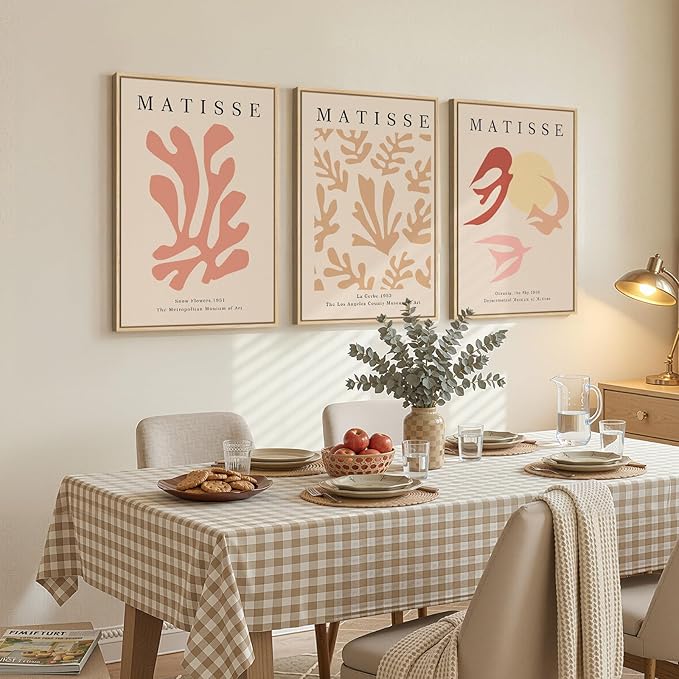 Framed Large Matisse Abstract Wall Art Set of 3, Vintage Neutral Pink Floral