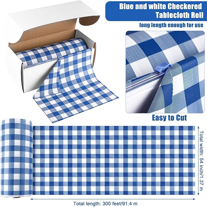 Kochorie 54 Inch x 300 Ft Blue Checkered Plastic Table Cloth Roll Disposable