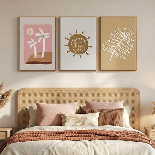 Framed Neutral Boho Abstract Wall Art Bedroom, 3 Piece Minimalist Tropical Sun