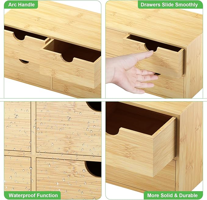 Bamboo Desk Organizer with Drawers - Small Desktop Countertop Mini Tabletop Storage Container - No Assembly Required