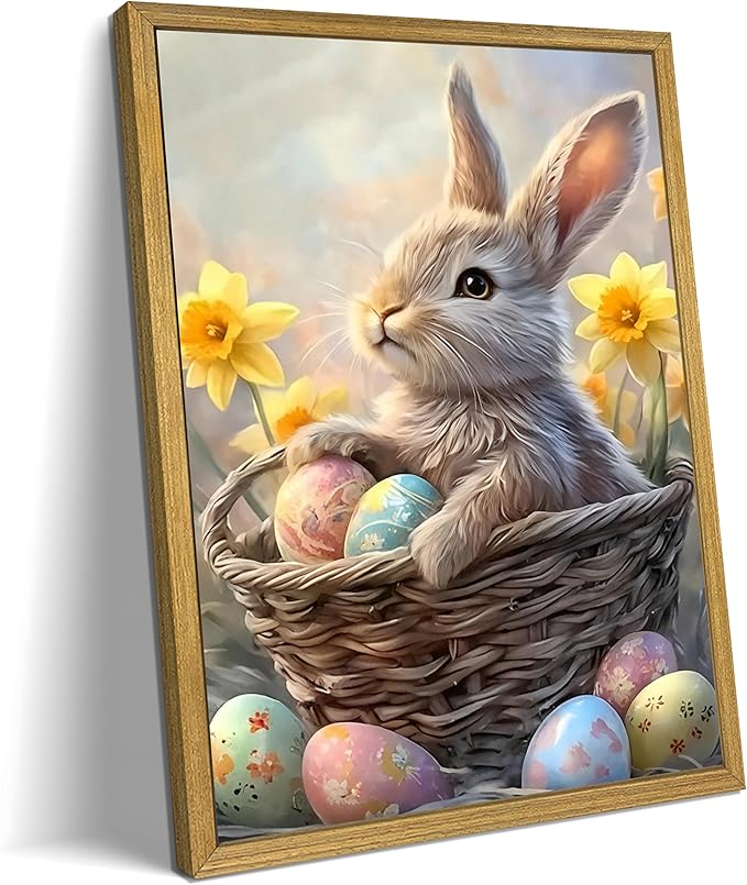 Easter Bunny Wall Art, Cute Rabbit Canvas Wall Decor Painting, Easter Eggs