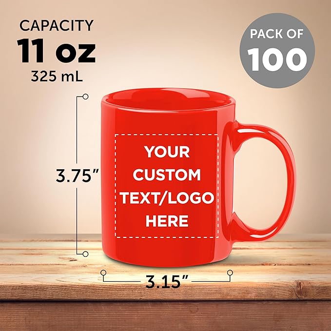 Custom Ceramic Coffee Mugs 11 oz. Set of 100, Personalized Bulk Pack - Coffee cup set, Iced coffee cup, Gaming mug - Red