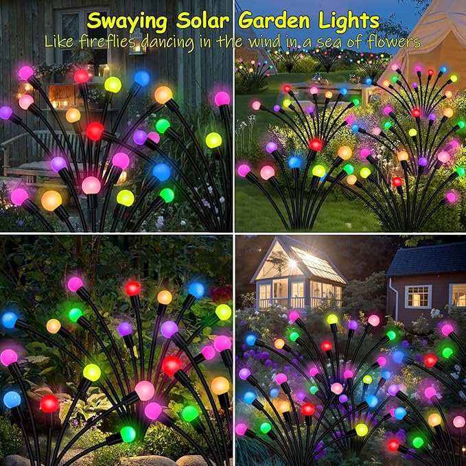 Solar Garden Lights Outdoor, 2 Pack 16 LED Solar Firefly Lights Waterproof, Sway by Wind, Swaying Light for Yard Patio Backyard Garden Planter Flower Bed Pathway Outdoor Decoration (Multicolor)