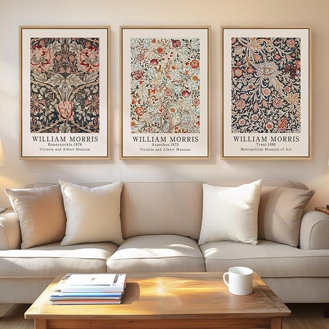 Framed Vintage William Morris Canvas Wall Art Set of 3, Large Retro Floral