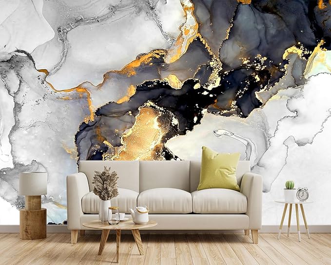 -Grey and White Marbled Fabric Wallpaper Living Room Abstraction Art Bedroom