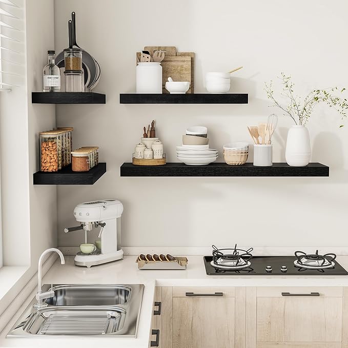 Black Floating Shelves for Wall 24 Inches Long, Heavy Duty Shelf for Bedroom