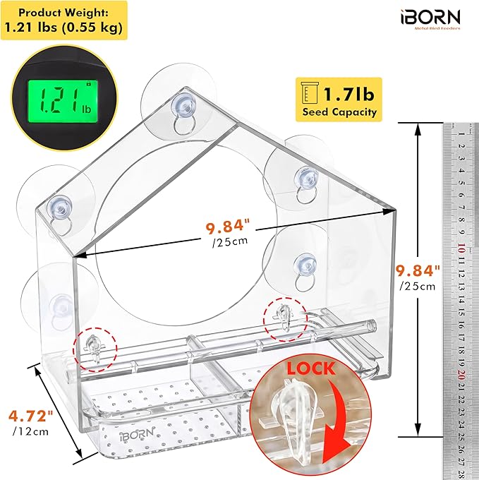 iBorn 2026 New Window Bird Feeders for Outdoors Wind-Proof Tray Lock,Cardinal Bird Feeder with Strong Suction Cups for Window Birds Watching, Chewproof PC, for Parent &Child