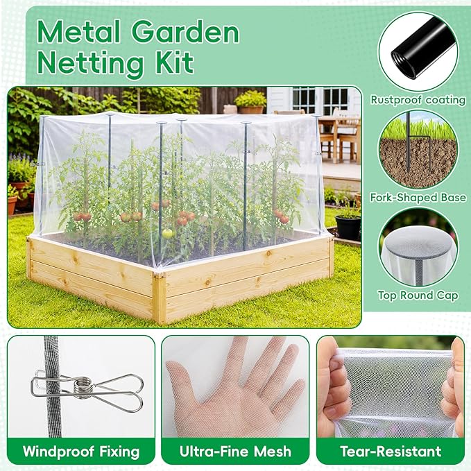 Metal Garden Netting Covers Kit for Raised Beds, 6 Pack 2.6FT Garden Poles Support Stakes with 10×13FT Insect Pest Barrier Plant Netting Mesh & 12 Clips for Vegetable Fruit Flower Garden Protection