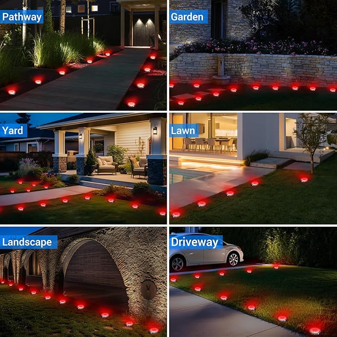 Peasur Solar Ground Lights Outdoor, 12 Pack Flat Solar Powered Disc Lights, IP68 Waterproof, Anti-Rust, Landscape Lighting for Pathway Garden Yard Lawn Walkway Landscape Driveway, Red