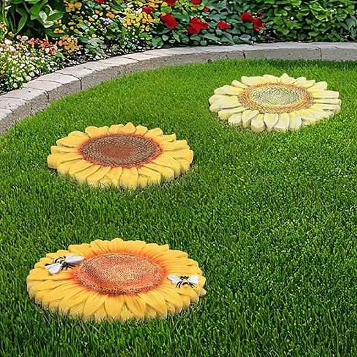 3 Pack Sunflower Stepping Stones for Garden, 10-Inch Faux Stepping Stones Outdoor, Decorative Hand-Painted Garden Stones, Weather-Resistant Pathway Stones for Walkway Yard Patio, Large Stepping Stones
