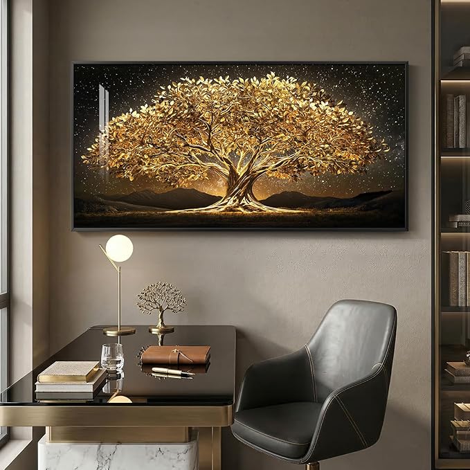 Large Framed Black and Gold Tree of Life Wall Art, Modern Luxury Tree Painting