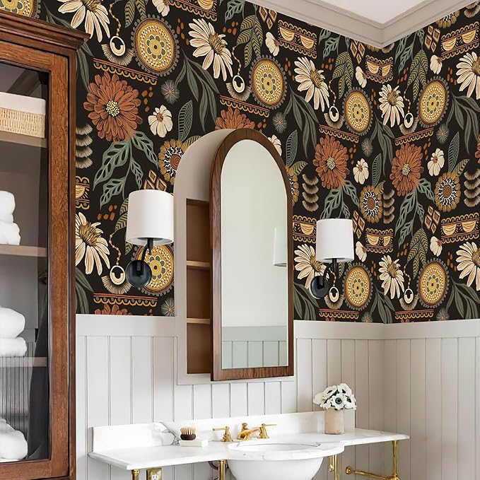 JiffDiff Boho Peel and Stick Wallpaper Vintage Floral Wall Paper Removable Sun