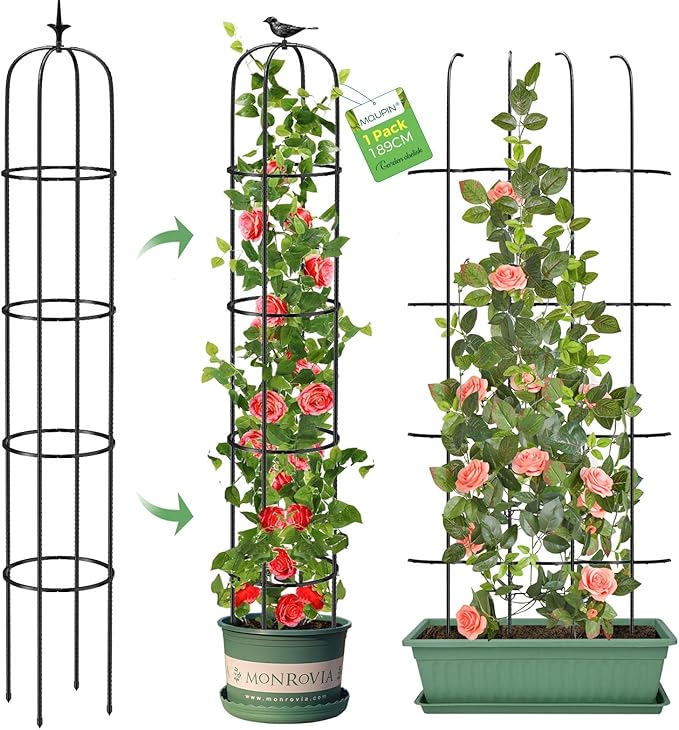 Tower Obelisk Garden Trellis for Climbing Plantï¼6.2FT/74.4" Rustproof Metal Potted Plant Climbing Support for Indoor Outdoor Flowers Vegetable Fruits Vines Support ï¼1pcsï¼