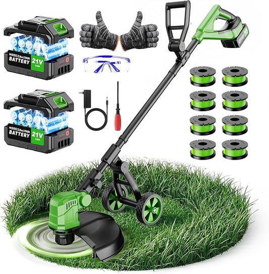 14'' Electric Weed Wacker Cordless, 20000RPM Wheeled String Trimmer Weed Eater Battery Powered, 3 in 1 Lightweight Cordless Edger Grass Trimmer Weed Trimmer with 8 Replacement Spools for Garden, Lawn
