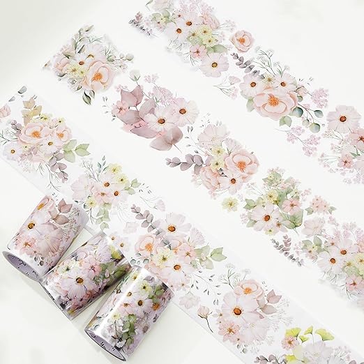 WT Blush Wide PET Tape, Single Roll, Original Designs, Watercolor Pink Floral Decorative Tape, Transparent Adhesive for Journaling, Scrapbooking, Bujo Planner DIY Craft Supplies
