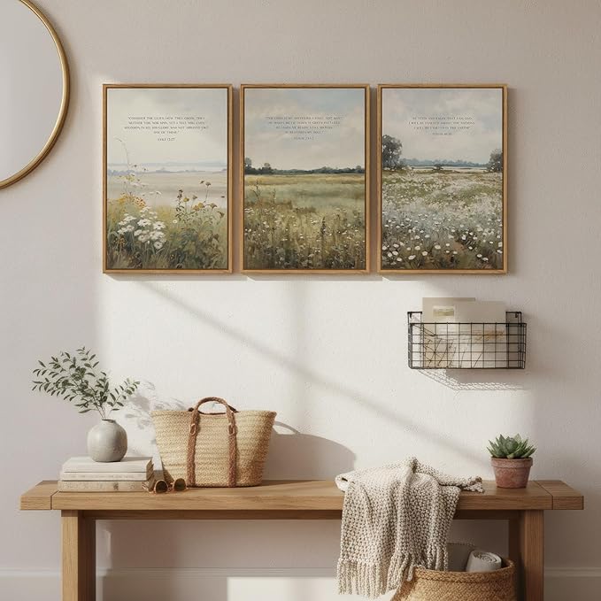 Framed Christian Wall Art Set of 3, Large Wildflower Bible Verse Canvas Prints