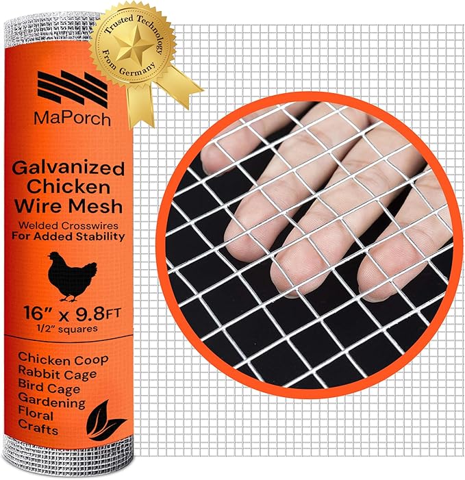 MaPorch Hardware Cloth Mesh - Galvanized Chicken Wire Mesh (15.7'' x 118.1', 1/2 Inch Square) for Chicken Coop, Rabbit and Poultry Fencing - Wire Fence - Metal Fencing