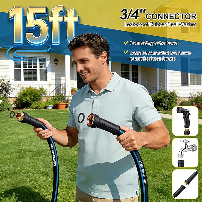 Garden Hose 15FT Non-expandable Heavy Duty Hoses，Kink-free Flexible Water Hose, Leak-proof Hybrid Water Pipe with Male to Female Fittings for Garden, Car, House Cleaning
