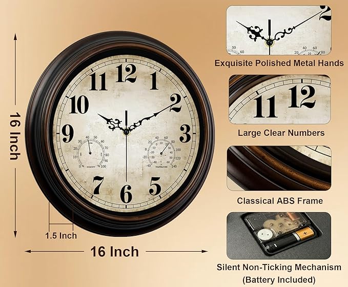 Vintage Wall Clock 16 Inch Quartz Silent Non-Ticking Analog Clock