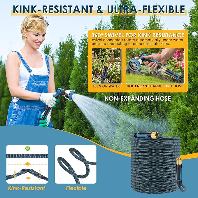 Non-Expandable Garden Hose 150 FT, Lightweight Hose with 10 Function Spray Nozzle, Kink-Free Flexible Water Hose, Durable, Leak-Proof, 360° Swivel Connectors, Portable Storage Strap