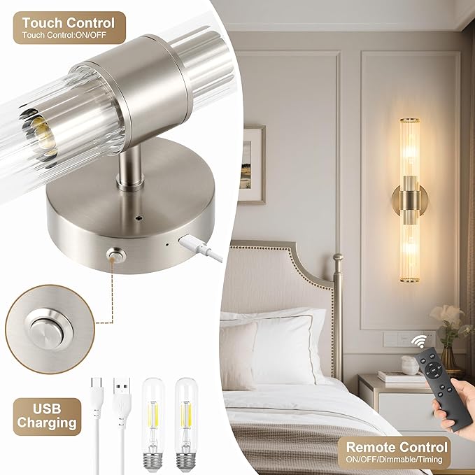 Morauroral Sand Nickel Battery Operated Wall Sconces Set of Two, Rechargeable