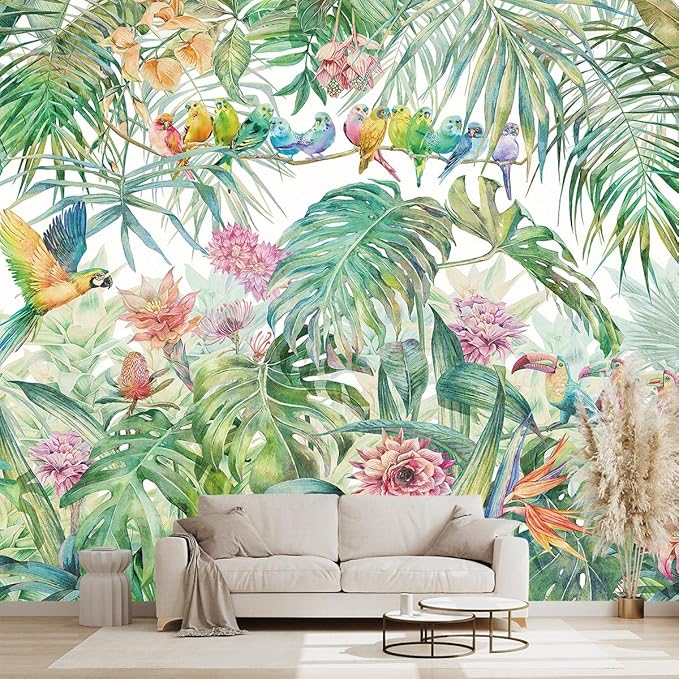 Tropical Green Botanical Flower Birds Leaf Wallpaper Bedroom Plant Floral Mural