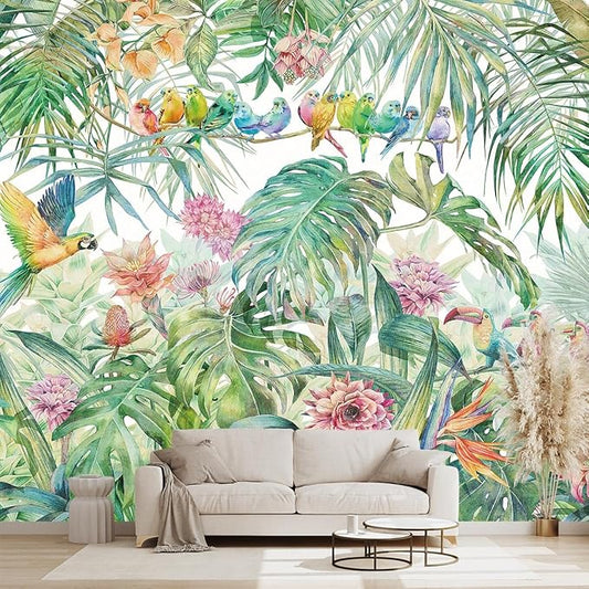 Tropical Green Botanical Flower Birds Leaf Wallpaper Bedroom Plant Floral Mural